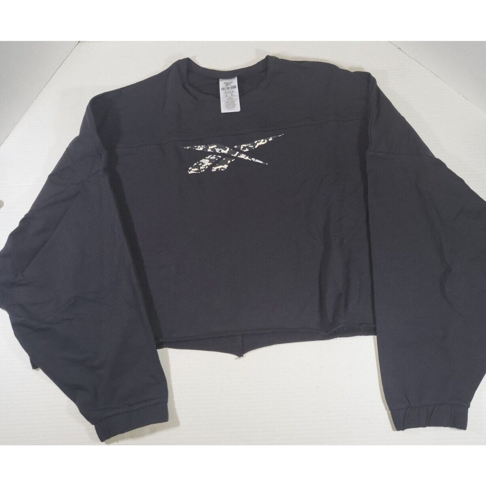 Reebok Sweatshirt Womens 4XL Black Crop Top Crew Neck Camo Logo Pullover